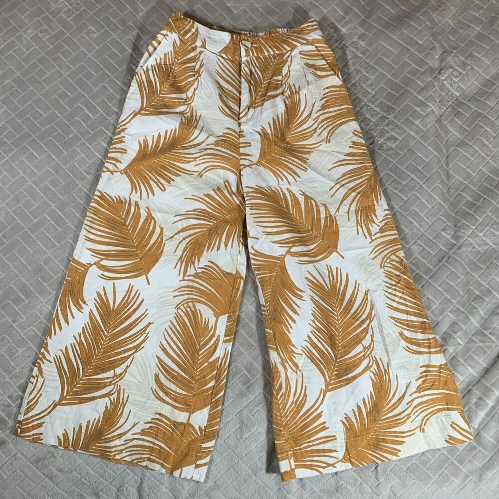 Anko Womens 8 Pants Linen Blend Wide Leg Crop Brown Palm Print High Rise